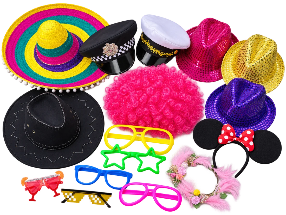 Disfraces y atrezzo del fotomatón: sombreros, gafas locas, pelucas y diademas